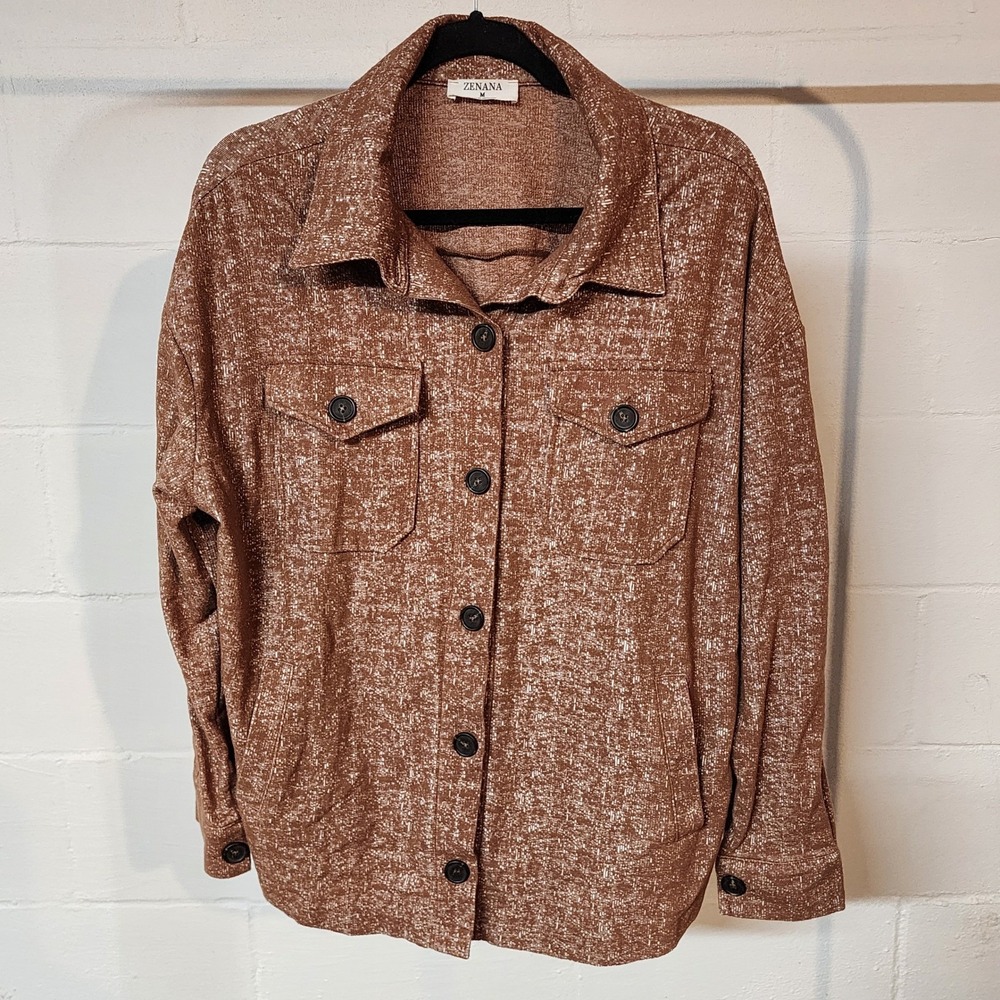 Zenana Medium Shacket Brown Heather Button Front Pockets Women Fall Cabincore